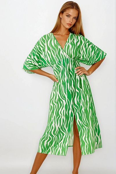 VAGGON Deep V-Neck Slit Detailed Midi Length Dress