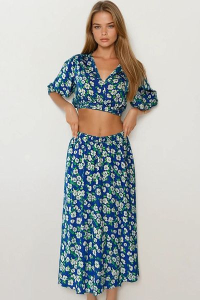 VAGGON Floral Patterned Crop Blouse and Skirt Set