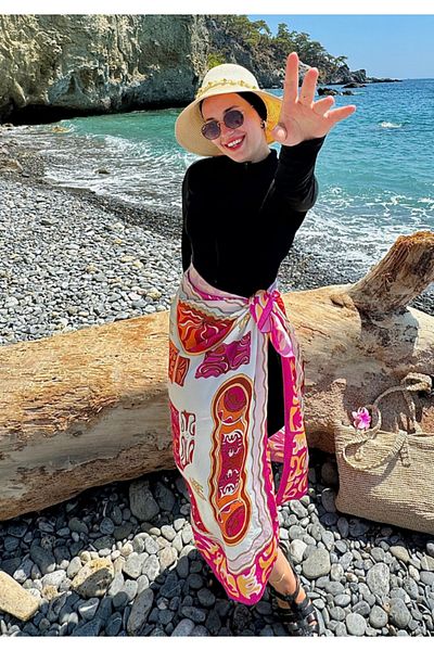 QYMOS PRIVE Pink Patterned Non-Show Chiffon Satin Skirt Pareo 145*95cm