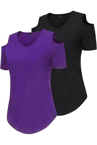 dotın Set of 2 women's t-shirts, V-neck, cutout at the shoulders, black purple, size S, DOTIN