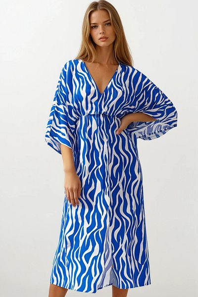 VAGGON Deep V-Neck Slit Detailed Midi Length Dress