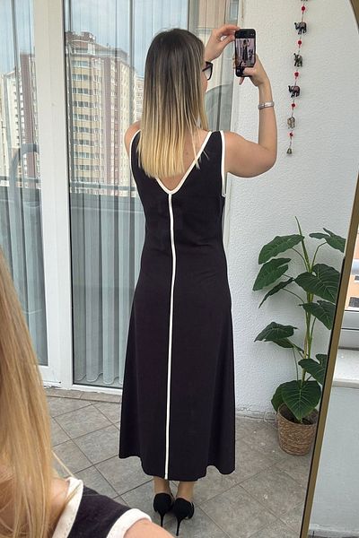 Kubos Moda Sleeveless Piping V-Neck Front Detail Black Dress