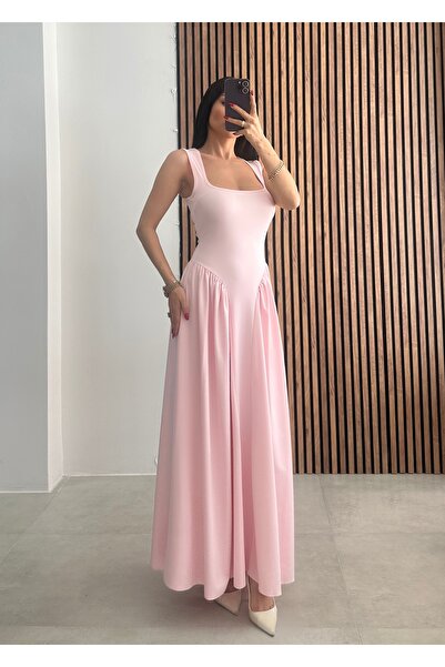 OKSOCOLLECTİON Bel Detaylı Kare Yaka Askılı Uzun Elbise