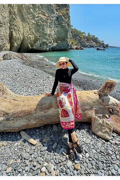 QYMOS PRIVE Pink Patterned Non-Show Chiffon Satin Skirt Pareo 145*95cm
