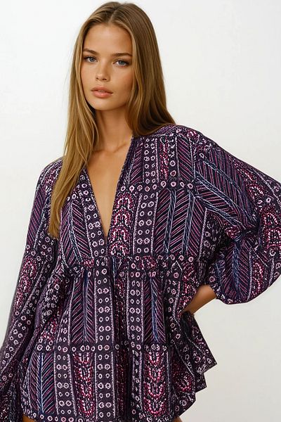 VAGGON Deep V Neck Hem Flounced Balloon Sleeve Blouse