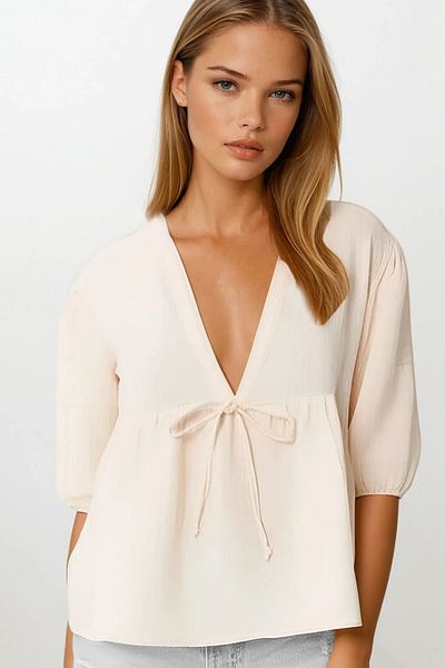 VAGGON Deep V Neck Blouse with Tie Detail and Elastic Sleeves