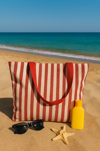 MUCCE Women's Red Striped Beach Bag Large Size Zippered 52×40cm