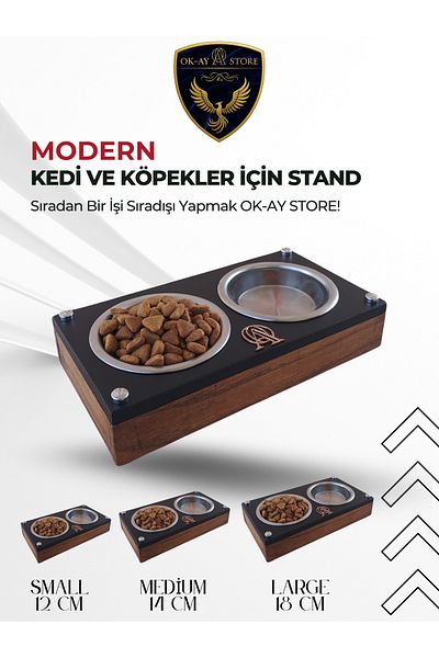 Okay Cat Dog Food and Water Bowl Stand with Stainless Steel Bowl – Wooden Body, Non-Slip Base