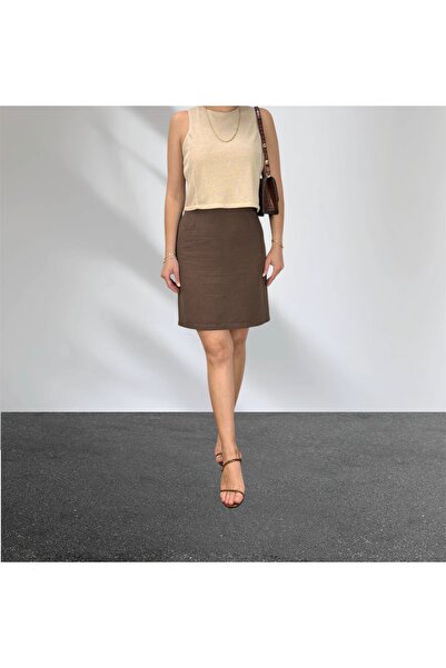 ABAS Light Brown Linen Mini Size Lined Straight Skirt