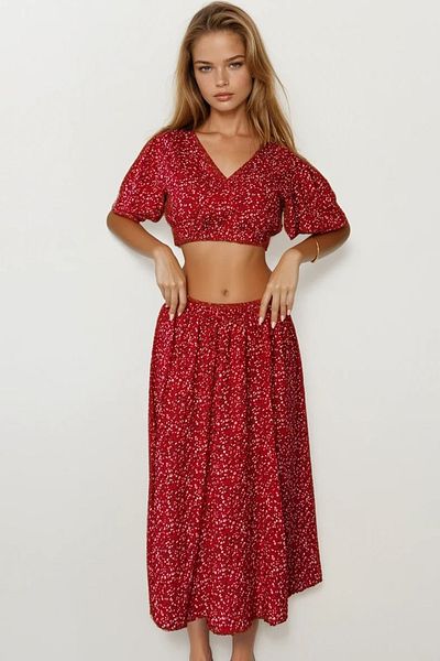 VAGGON Floral Patterned Crop Blouse and Skirt Set