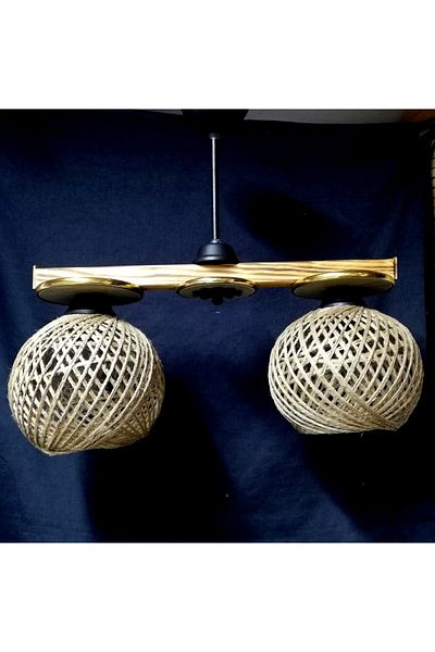 TEKAY AYDINLATMA Set of 2 Rustic Wooden Chandeliers with Jute Rope Knitted Heads