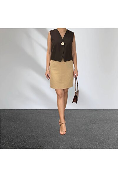 ABAS Milky Brown Linen Mini Size Lined Straight Skirt