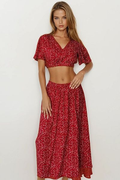 VAGGON Floral Patterned Crop Blouse and Skirt Set
