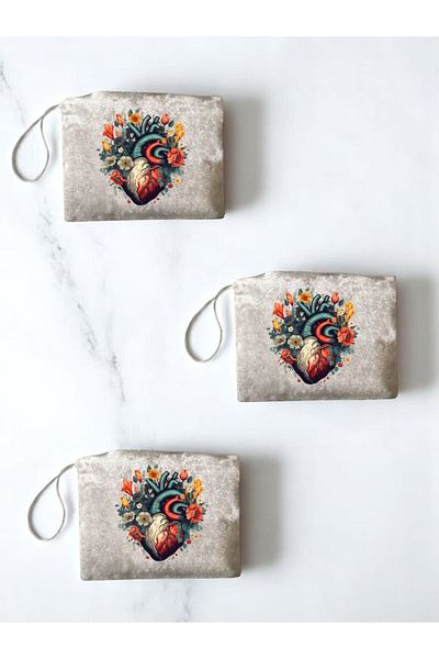 lili hediyelik Heart Printed 3-Piece Handbag Coin Bag