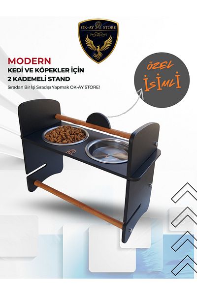 Okay Cat Dog Food and Water Bowl Stand – 2 Tier, Wooden Body, Stainless Bowl