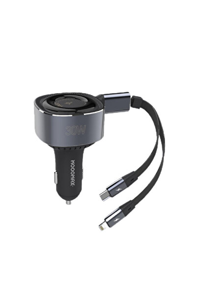 MOOGMAX شاحن سيارة سريع 30 واط قابل للسحب بكابل مدمج للآيفون وكابل Type-C – م...