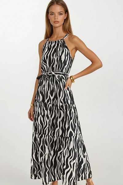 VAGGON Midi Length Dress with Rope Strap and Tie Detail