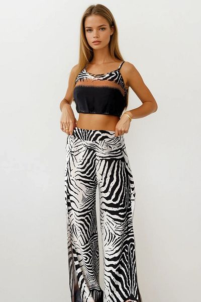 VAGGON Strappy Blouse and Elastic Waist Slit Detailed Palazzo Trousers Set