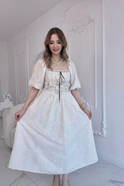 HELİS BUTİK Beige Lace Detailed Brode Dress