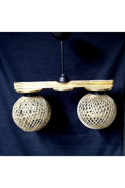 TEKAY AYDINLATMA Set of 2 Rustic Wooden Chandeliers with Jute Rope Knitted Heads