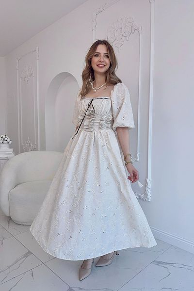 HELİS BUTİK Beige Lace Detailed Brode Dress