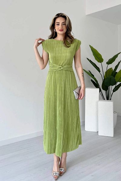 Aventien Rochie midi verde plisată cu detaliu în talie