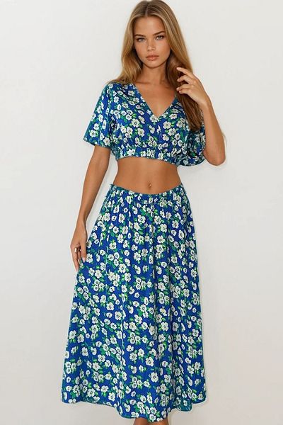 VAGGON Floral Patterned Crop Blouse and Skirt Set