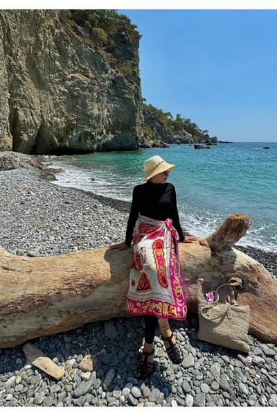 QYMOS PRIVE Pink Patterned Non-Show Chiffon Satin Skirt Pareo 145*95cm