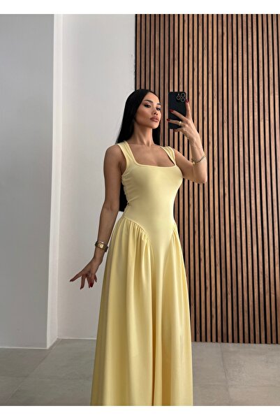 OKSOCOLLECTİON Bel Detaylı Kare Yaka Askılı Uzun Elbise