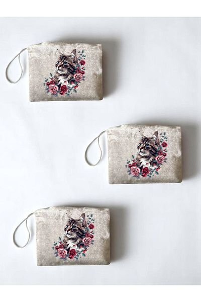 lili hediyelik Floral Cat Printed 3-Piece Handbag Coin Bag