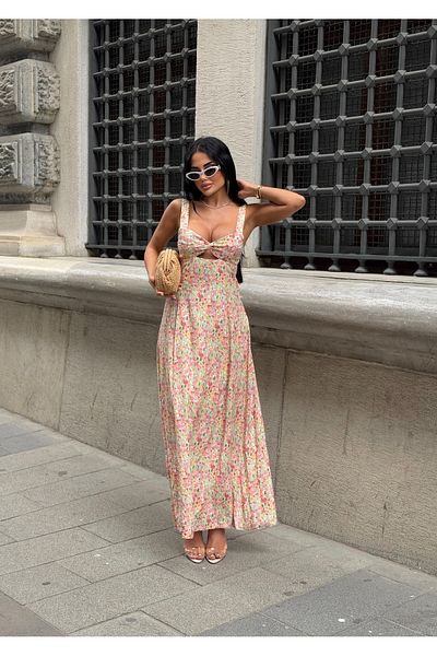LB Laluna Butik Women's Heart Collar Floral Patterned Strap Long Dress