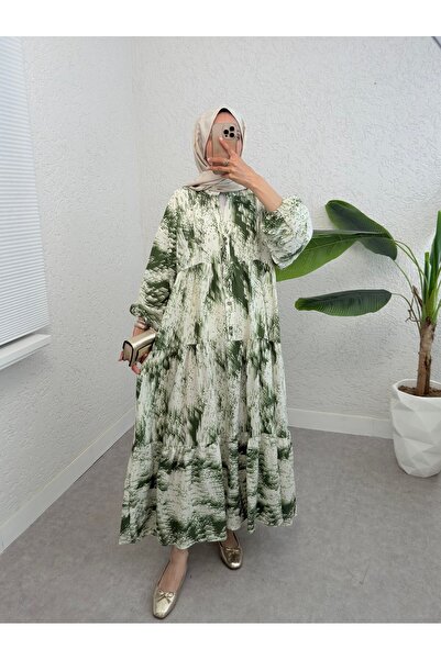 Modamorfo Φόρεμα με μισό κουμπί με μικτό σχέδιο με λαστιχένια μανίκια -Χακί