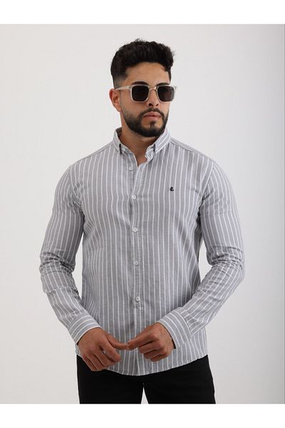 cliento Men's Slim Fit Gray Striped Linen Shirt