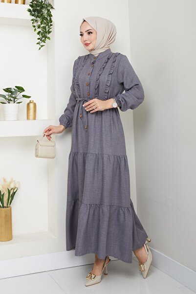 HARMAN BUTİK Women's Ruffle Detailed Buttoned Gray Linen Dress