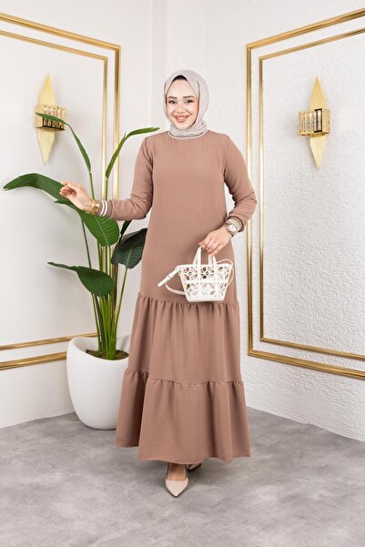 HARMAN BUTİK Γυναικείο Μπεζ Ριμπ Φόρεμα Μασίφ