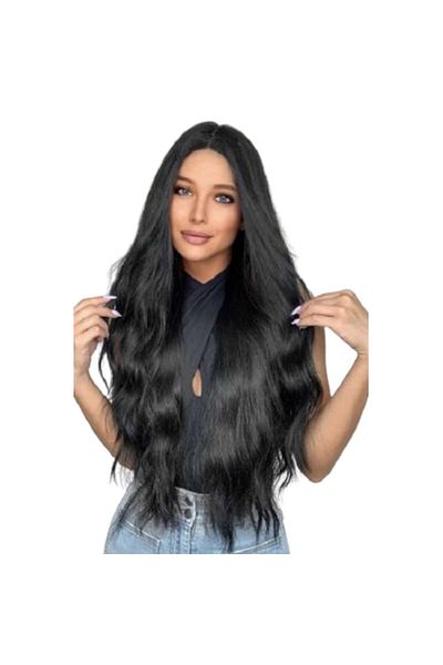 animis beauty Peruca lunga NEAGRA, ondulata, fibra sintetica cu aspect natural, fara breton, 80 cm