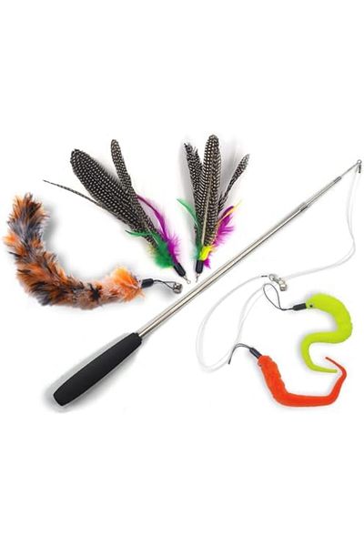 AQGT Blinggo Cat Toys Wand Retractable Interactive Feather Teaser Cat Toy with Bell, 5pcs Refills (3 sect