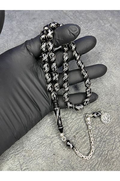 Mos Tespih Silver Embroidered High-End Special Design Erzurum Oltu Stone Prayer Beads