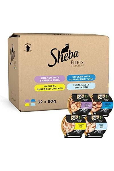 SHEBA Cat Food Flavor Selection Filets, Domes Natural Shredded Chicken, Chicken with Shrimp & Tuna,