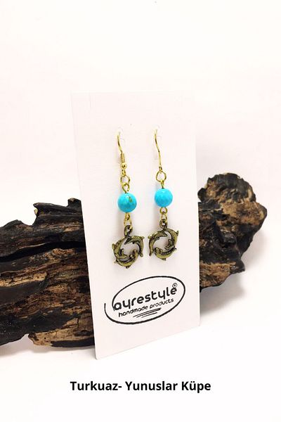 ayrestyle Turquoise Natural Stone Dangle Earrings for Women - Women's Earrings with Turquoise Stone and 3 Dolphin Objects