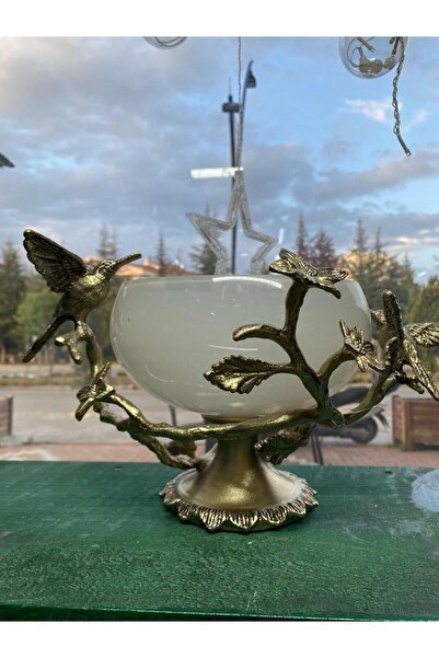 elif aksesuar Kuşlu Döküm Figürlü Cam Krem Gold Lüx Vazo