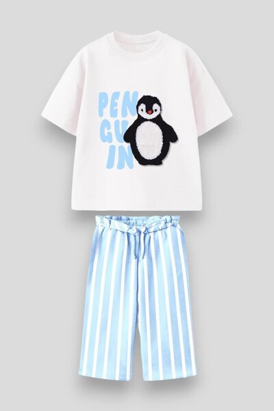 Magu Girls Cotton White Penguin Themed T-Shirt and Blue Striped Shorts Set – Summer Two-Piece