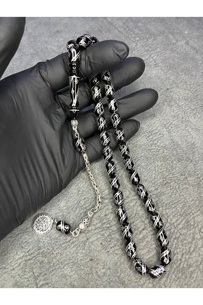 Mos Tespih Silver Embroidered High-End Special Design Erzurum Oltu Stone Prayer Beads