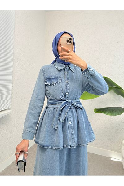 Modamorfo Τζιλέτ μπουφάν με ζώνη διπλό τζιν φόρεμα - Ice Blue