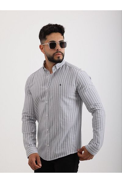 cliento Men's Slim Fit Gray Striped Linen Shirt