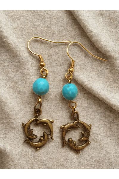 ayrestyle Turquoise Natural Stone Dangle Earrings for Women - Women's Earrings with Turquoise Stone and 3 Dolphin Objects