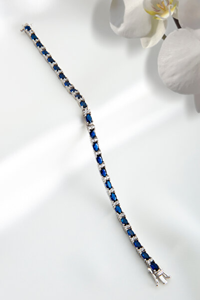 SARIASLAN Rodyumlu Safir Zirkon Oval Taşlı Su Yolu Kadın Gümüş Bileklik 925 Ayar