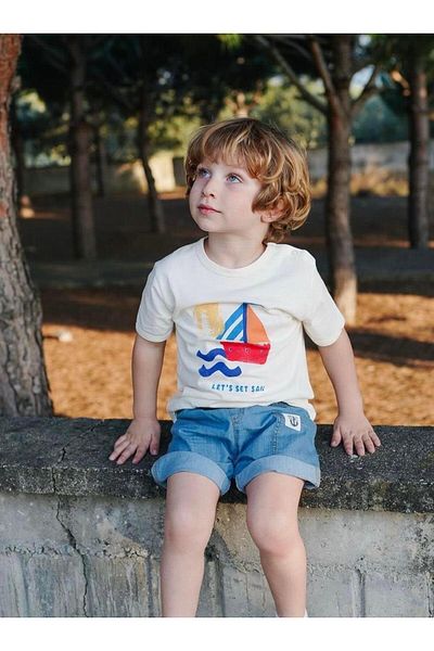Cigit Printed Denim Capri T-Shirt Set 1-5 Years Ecru