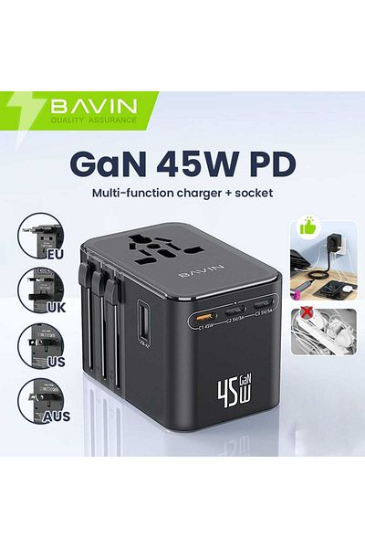 Bavin PC-2080 GaN PD 45W Universal Fast Charging Adapter Socket with AC Outlet, 8 USB and USB-C Ports, Black