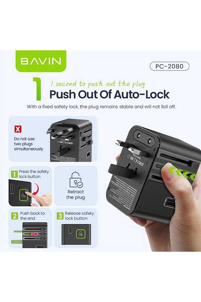 Bavin PC-2080 GaN PD 45W Universal Fast Charging Adapter Socket with AC Outlet, 8 USB and USB-C Ports, Black